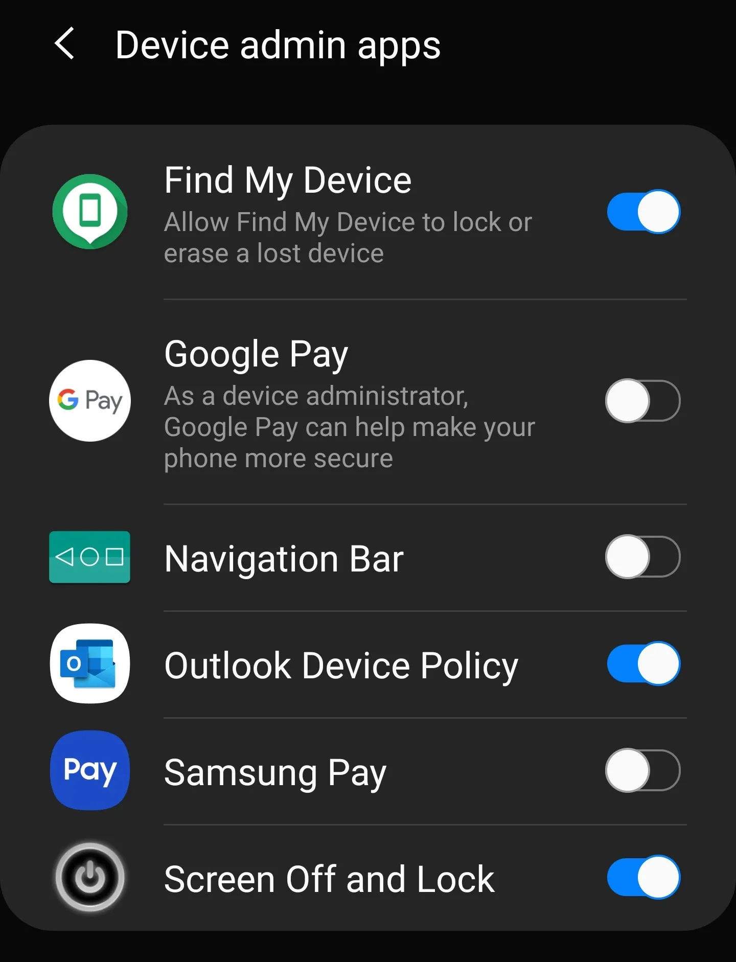 Android device admin apps settings Android settings page showing device admin apps with Find My Device enabled